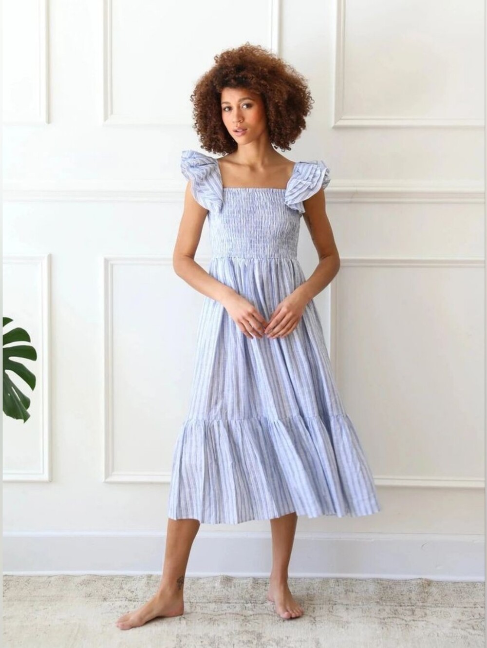 Mille Olympia 100% linen blue white striped nap dress large minimalist midi
